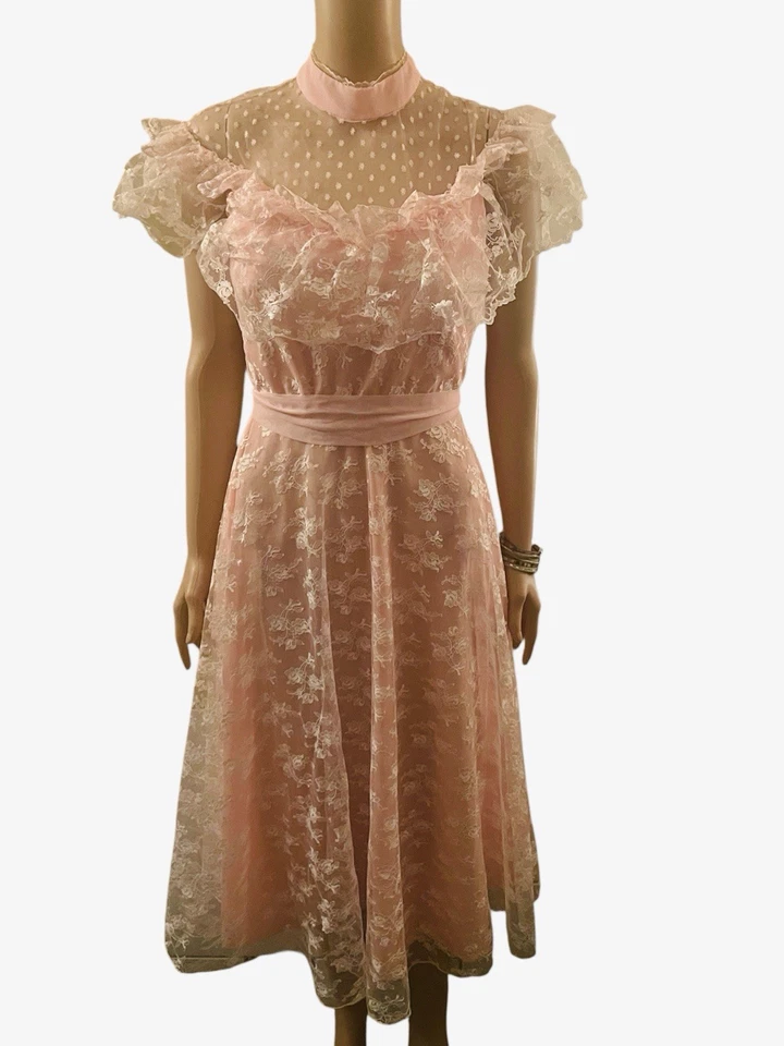 Vestido De Encaje Vintage Años 60 Gunne Sax Estilo Malla Volantes Coqueta Kawaii Rosa S Foto 2 de 4