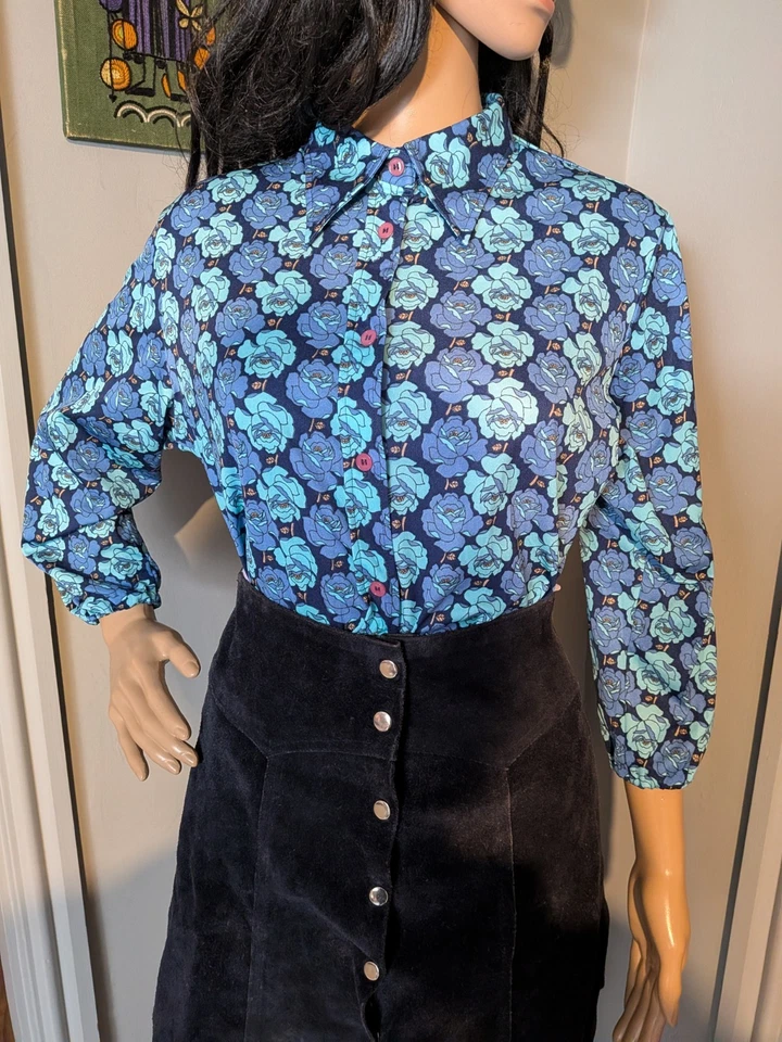 Vintage 70s Blue Rose Floral Blouse Shirt Top Mod Boho M 12 14 42" - Image 3 of 4