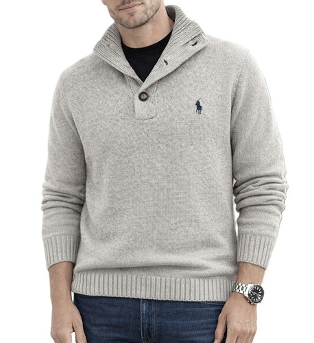 *NOWY - POLO RALPH LAUREN KLASYCZNY BAWEŁNIANY SWETER Z 3 GUZIKAMI - SZARY : S - XL - Zdjęcie 4 z 7
