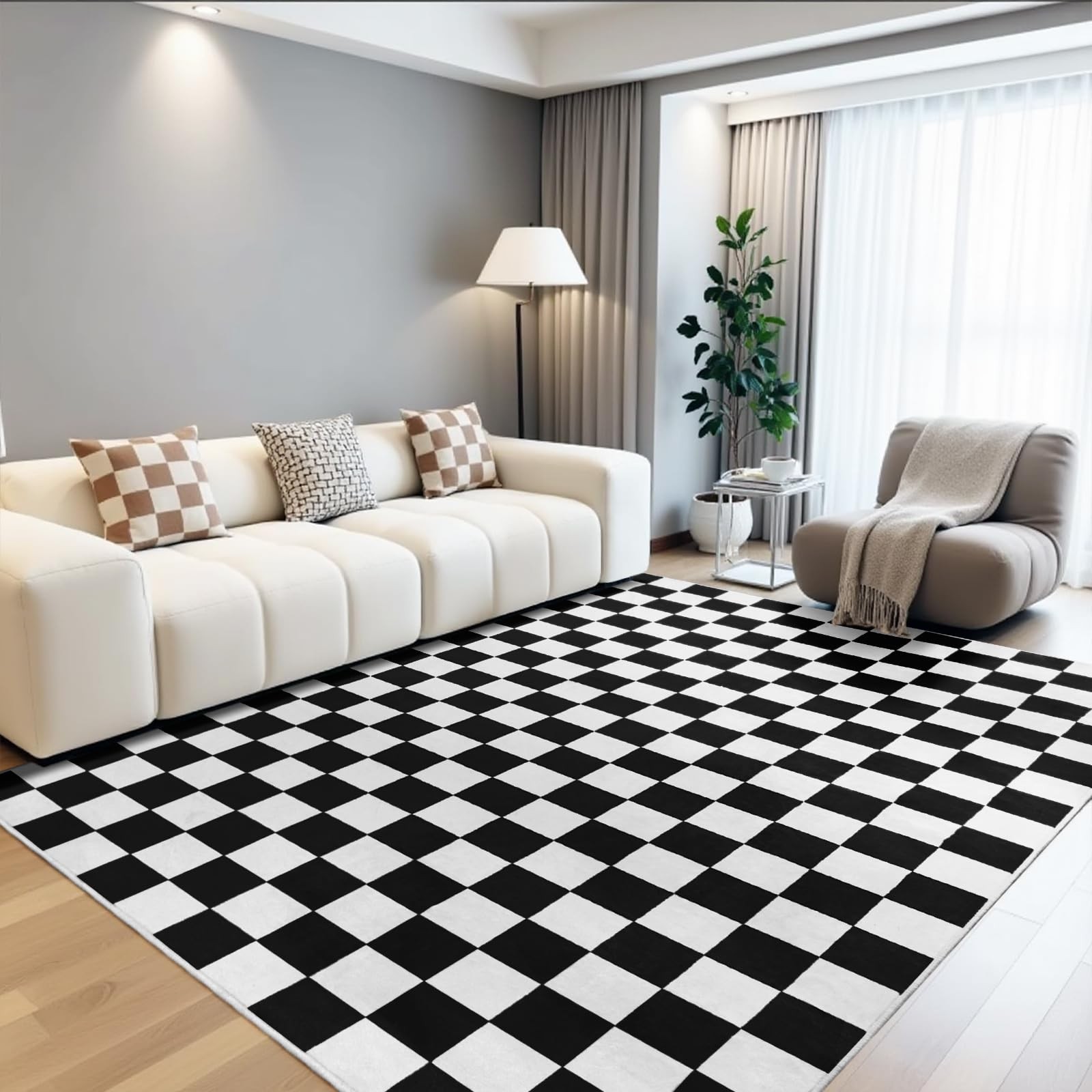 Black and White Checkered Rug for Living Room,5x7 Area Rugs Washable with Non...