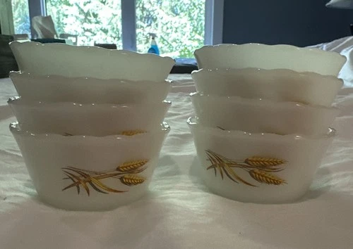 VTG Fire King Golden Wheat Ramekin Custard Cups Anchor Hocking Milk glass Set 8