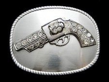 NC03135 NOS REALLY NICE PISTOL W/ CRYSTALS SILVERTONE FASHION BELT BUCKLE