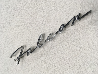 FORD FALCON LOGO CHROME SCRIPT EMBLEM & clips original box NOS Genuine Ford Part