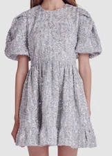 English Factory Women's Silver Sequined Tweed Fit & Flare Mini Dress Size L