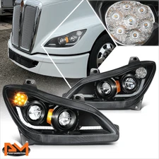 For 22-25 Kenworth T680 Next Gen Full LED 3D Light Bar Black Headlights Headlamp