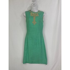 BLANES LONDON Vintage 60s Mint Green Sleeveless Embroidered Sheath Dress 35 bust