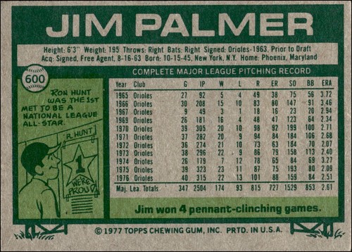 1977 Topps #600 Jim Palmer - Picture 2 of 2