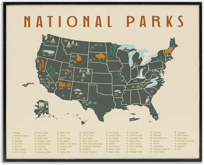 'United States National Parks Adventure Map Green Orange', Framed Giclee Art, Bl
