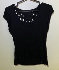 Vintage Y2K Miss Sixty Black T-Shirt Small Flower Braiding On The Back V-Neck