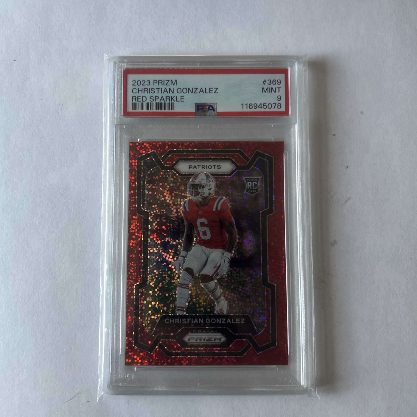 2023 Panini Prizm - Rookies Christian Gonzalez #369 Red Sparkle Prizm (RC) PSA 9