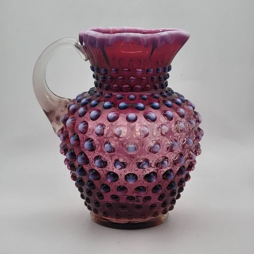 Fenton Plum Opalescent Hobnail Glass Pitcher 5.25"