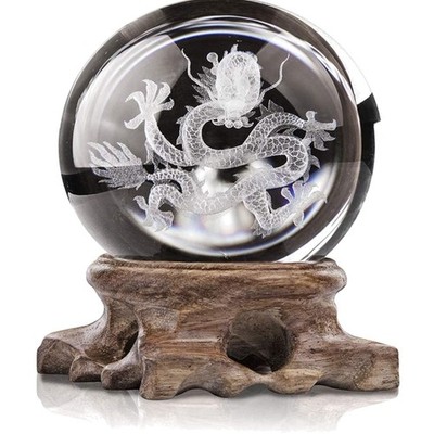 Kristallkugel Drache Feng Shui Glas Globus Briefbeschwerer Dekoration Holzstä...