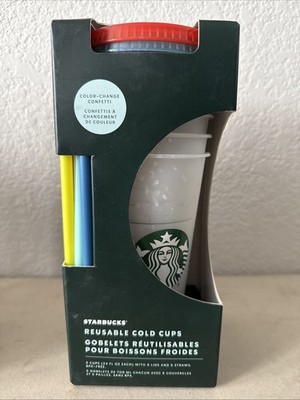 Starbucks Summer 2021 Color Changing Confetti Reusable Cold Cups 5 Straws & Lids