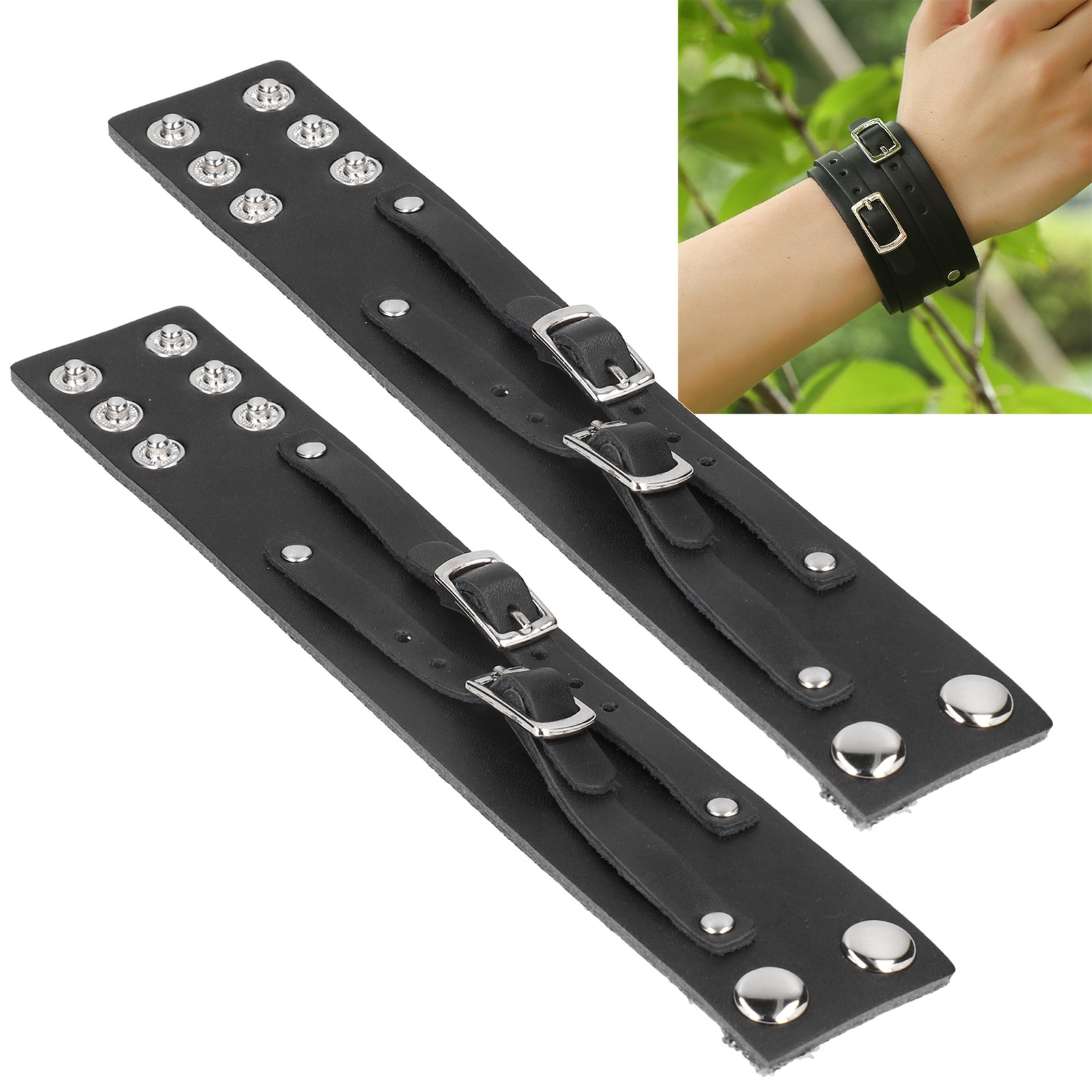 2Pcs Wide Leather Cuff Bracelet Adjustable Punk Artificial Leather Wrist Band Be