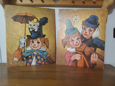 Vtg Pair ''CLOWNS'' Playing Violin, Girl And Cat. Lithograph.  by Lee. Wall Art. 
