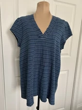 Max Jeans V-Neck Short Cap Sleeve A-Line T-Shirt Blue Striped 100% Cotton Sz M