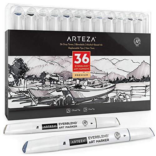 Grayscale Alcohol Markers Set of 36 Tones Everblend Sketch Pens with Dual Tip...