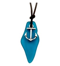 Hawaiian Jewelry Sea Glass Necklace, Unique Teal Ocean Necklace Leather Cord