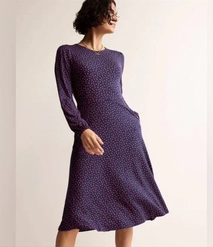Boden Sz 6L Camille Navy Blue Red Polka Dot Midi Jersey Dress