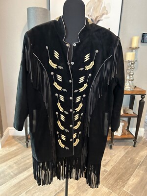 TRIBE AMERICA BLACK LEATHER BEADED WITH FRINGE JACKET SIZE XL
