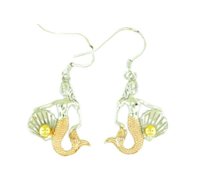 925 Sterling Silver Tri-Color Dangle Earrings -  Hawaiian Mermaid with Pearl