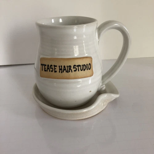 Joyful Clay Hand Thrown Pottery  Mug & Saucer/ Spoon Holder, W Tease Hair Studio