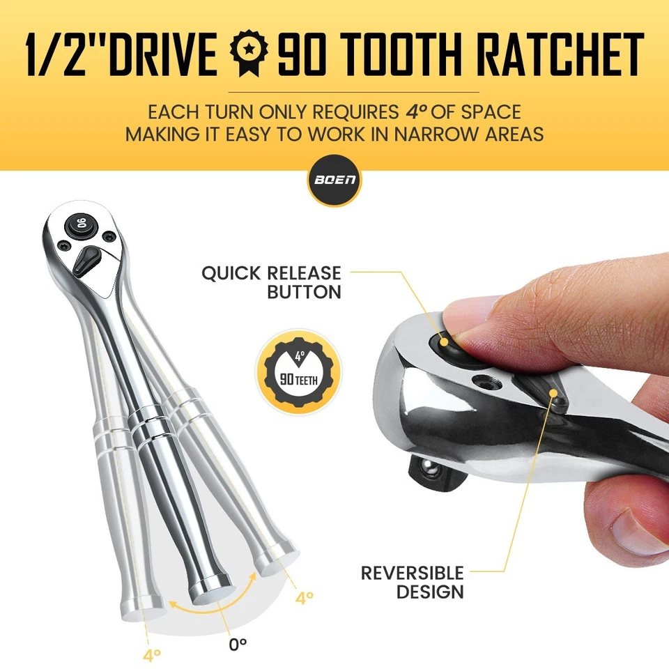 BOEN 225PCS Mechanic Tool Set, 1/4" & 3/8" & 1/2" Drive Socket Wrench Set - Image 4 of 4