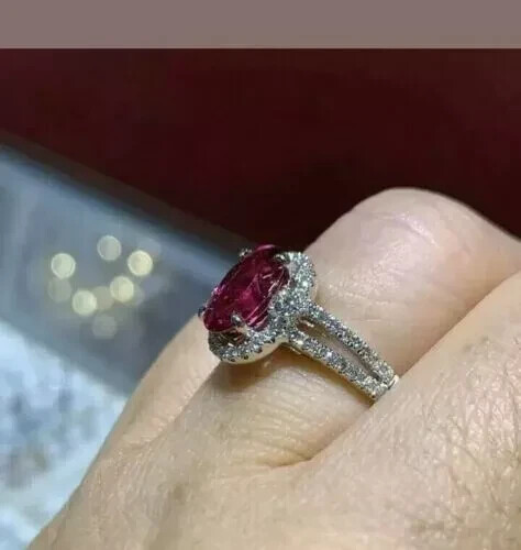 3.40 Ct Oval Natural Ruby & Diamond Engagement Ring 14K Solid White Gold Size 8 - Picture 3 of 5