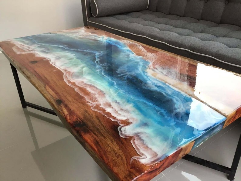 36x82 Blue Wave Epoxy Resin River Dining Table with Live Edge Wood