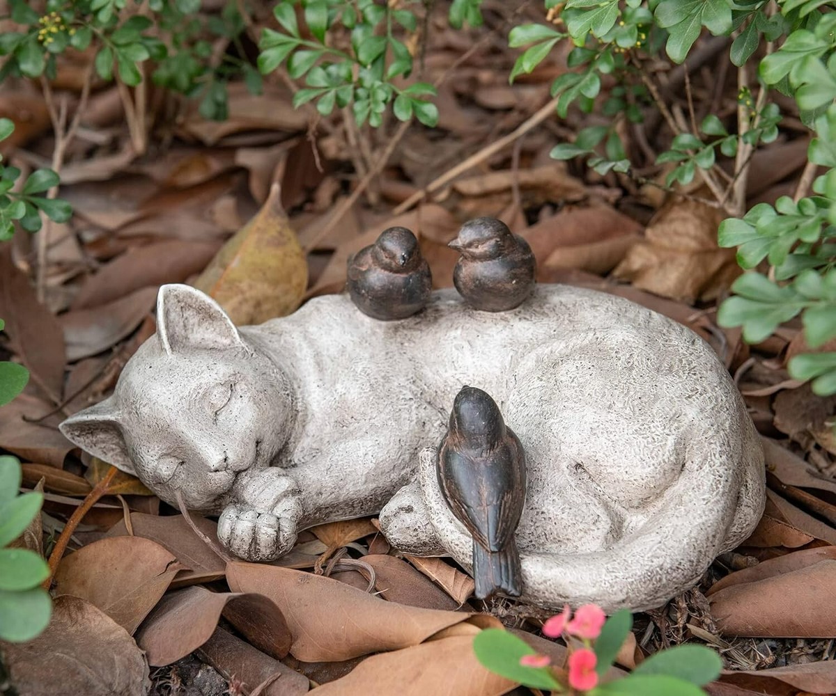 Whimsical Sleeping Kitty Cat w/Birds Sculpture Cute Garden Statue