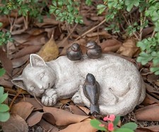 Whimsical Sleeping Kitty Cat w/Birds Sculpture Cute Garden Statue Yard Figurine