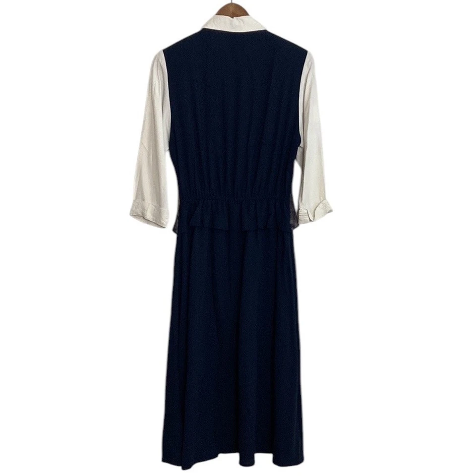 Vintage Dress Womens Medium White Navy Blue Shirtdress Vest 90s Mom Mid Flare Foto 2 de 4