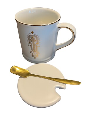 NEW Lidded Coffee Mug w/Gold Spoon Depict Christian Ethiopian Processional Cross