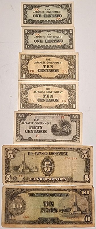 8 WWII Japanese Govt Wartime Notes: 1, 1, 10, 10, 50 Centavos, 1,5, 10 Pesos, S1