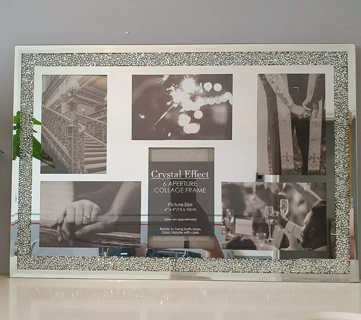 Multi Aperture 6 Picture Photo Frame 6 x4 Hold 6 Picture Silver Crystal Crushed