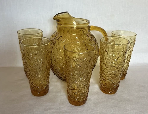Vintage Anchor Hocking Ball Milano Amber Glass Pitcher 64 oz and 5 Glass Set