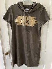 Calvin Klein Women's Size Medium Olive Green Hooded T Shirt Dress Gold Logo