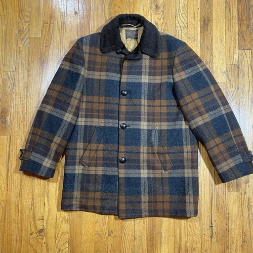 Vintage Pendleton Jacket Brown Plaid Wool USA 50s Car Coat Large Faux Fur Collar - Picture 2 of 23