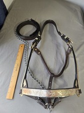 Vtg Leather Silver Overlay Horse Show Halter With Leather Chain Matching Lead