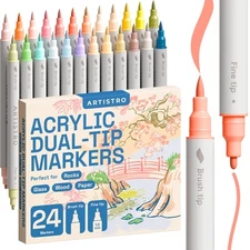 24 Acrylic Paint Pens Art Set Acrylic Paint Markers Dual Tip Brush Fine 1mm Acr