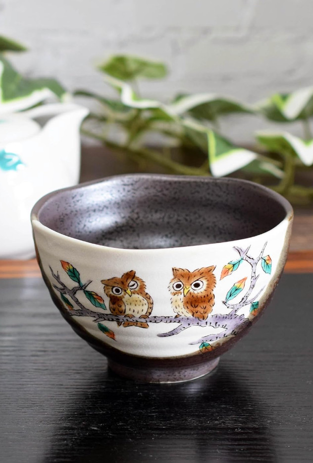 Cuenco de arroz japonés Kutani Ware Ochazuke Chawan Owl Ceramics