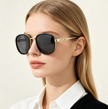 Gucci T5005 Aviator Sunglasses Black Gold Frame Dark Grey Lens 52 18 142