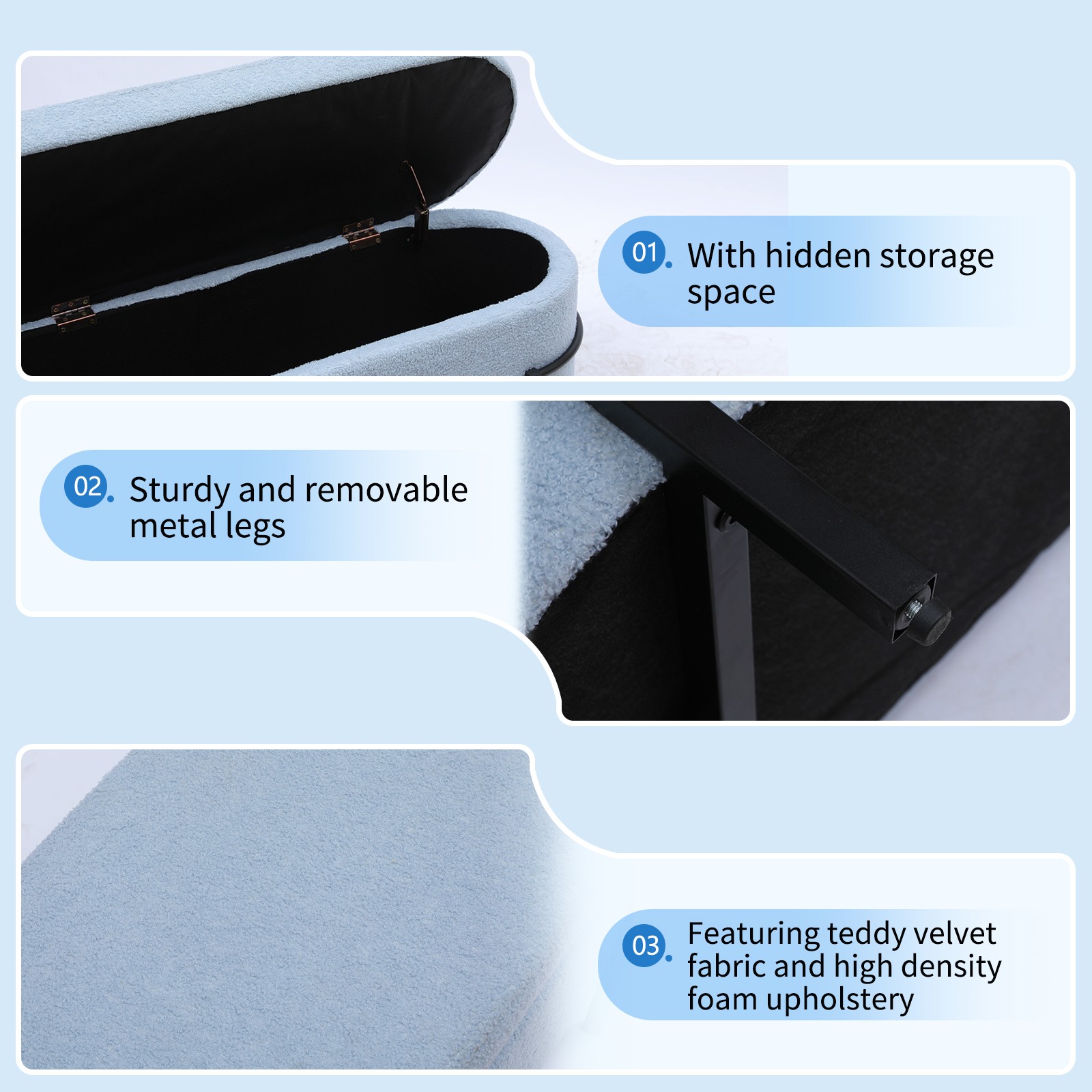 Storage Ottoman End of Bed Bench Upholstered Benches with Metal Legs Blue