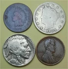 Lot of 4 Old Coins – 1 Indian Head Penny, 1 Lib V 5c, 1 Buffalo 5c & 1 Linc 1c