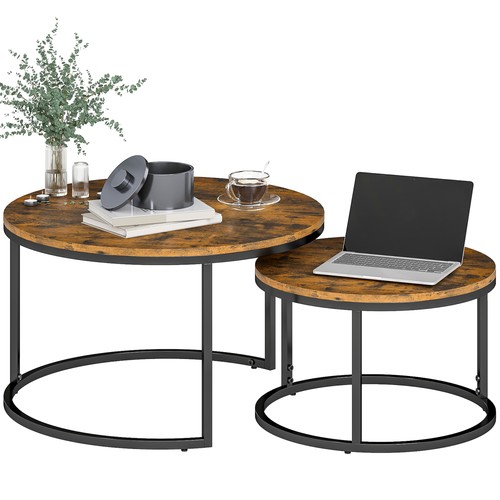 HOMCOM 2 Pcs Stacking Coffee Table Set with Steel Frame, Rustic Brown - Picture 11 of 11
