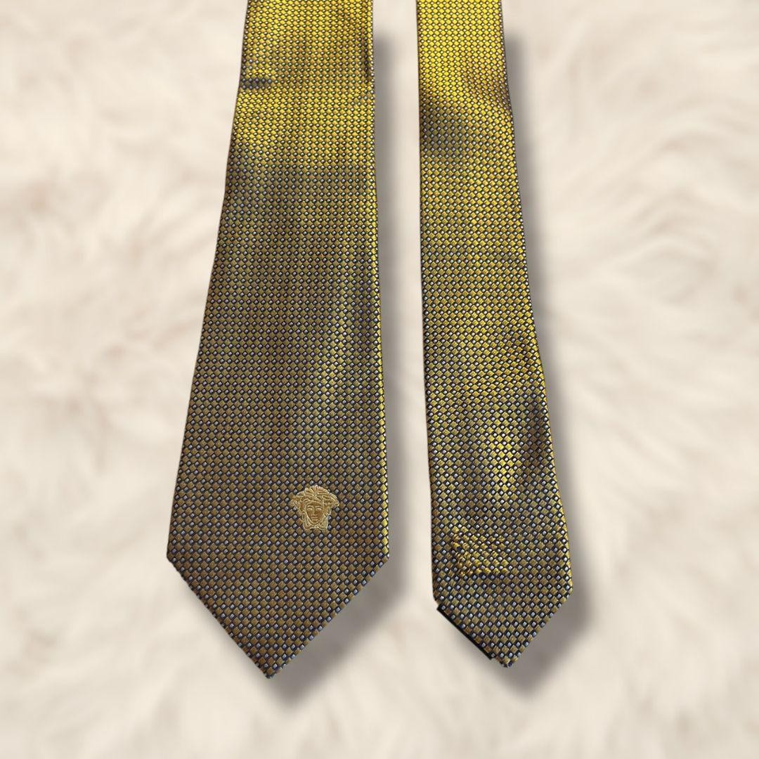 VERSACE Medusa Pattern Solid Tie Yellow Navy Blue… - image 2