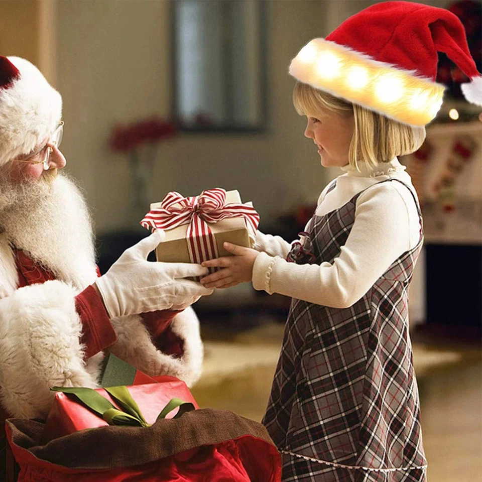 2 PIEZAS LED Sombreros de Papá Noel 🎄 Iluminar Gorras de Navidad de felpa 🎁 Fiesta Juegos con disfraces EE. UU. Foto 2 de 4
