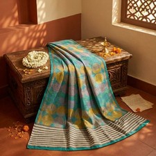 Sanskriti Vintage Saree Blue Pure Crepe Print Geometric Wave Sari 5.5Yard Fabric
