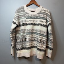 LOFT Fair Isle Crew Neck Sweater. Gray Sage Green Winter Holiday Wool Blend. Med