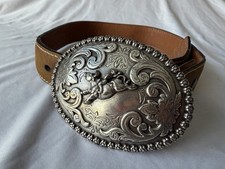 Nocona Rodeo Floral Bull Riding Leather Belt and Silver Tone Buckle, Kid  s 20